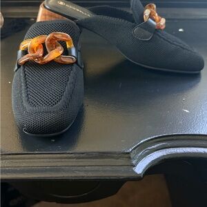 Black Mesh Mules with Amber Chain Accent